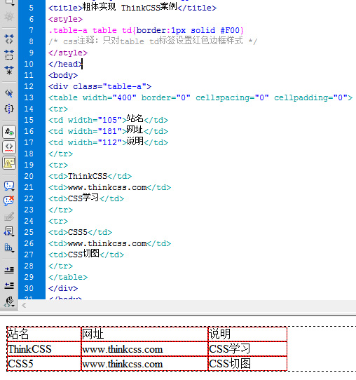 CSS设置table表格边框